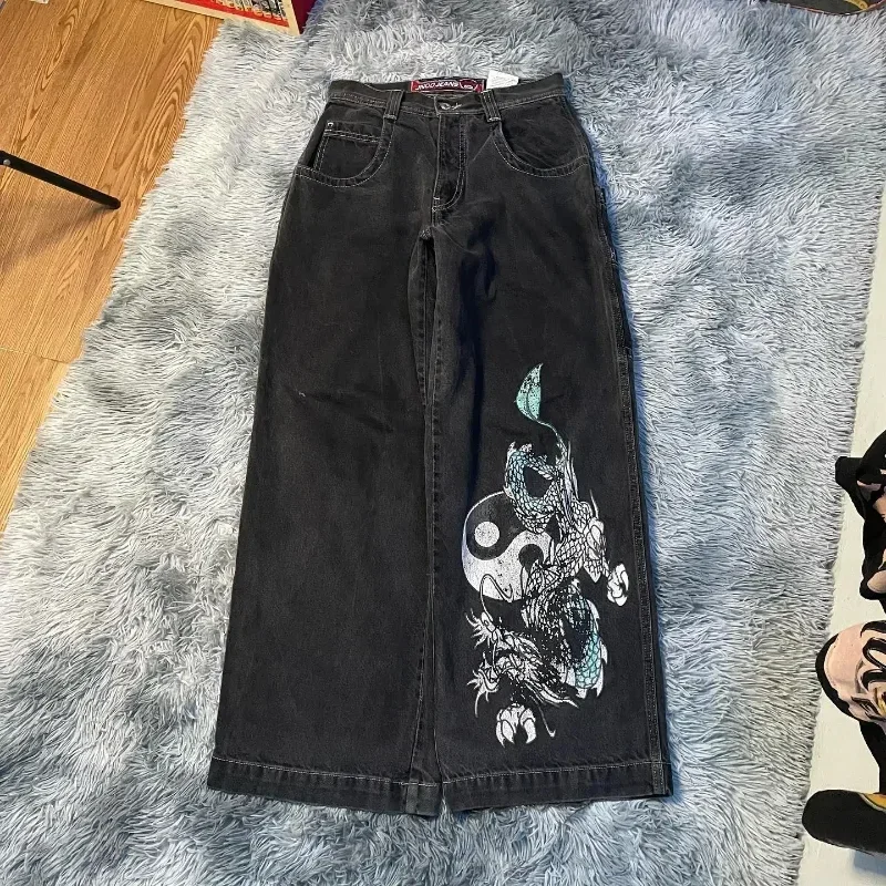 Jnco-男性と女性のためのヴィンテージ刺繍入りバギージーンズ,ボーイフレンドスタイル,ヒップホップスタイル,ストリートウェア,ハラジュク,カジュアル,ワイドレッグ,高品質