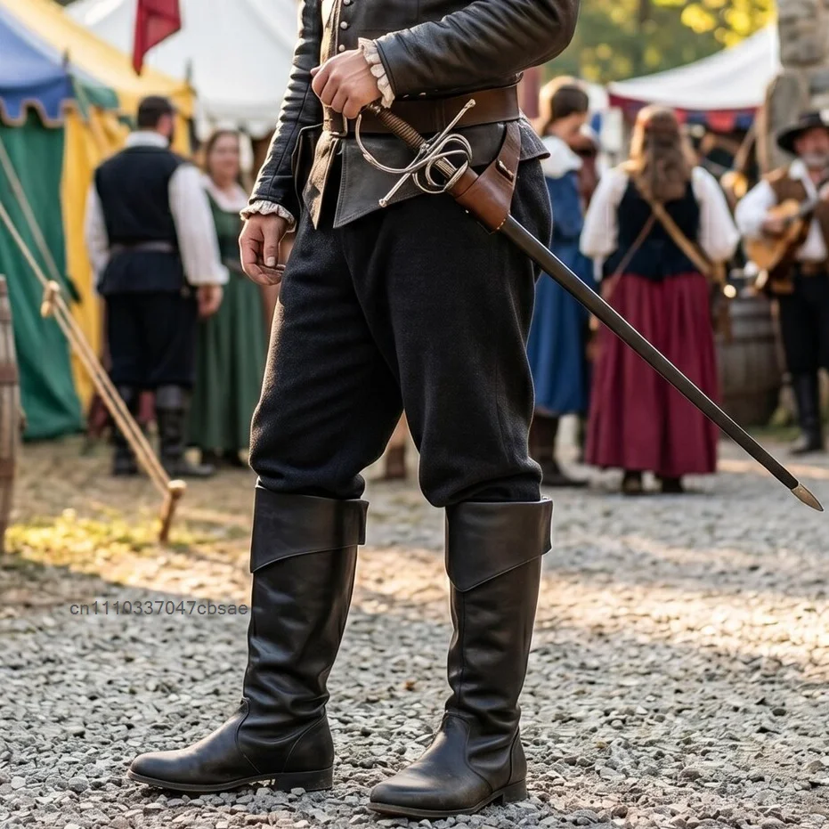 Vintage Medieval Pirate High Boots Renaissance Old Over Cuff Flat Bottom Footwear Boot Carnival Stage Performance Fancy Shoes