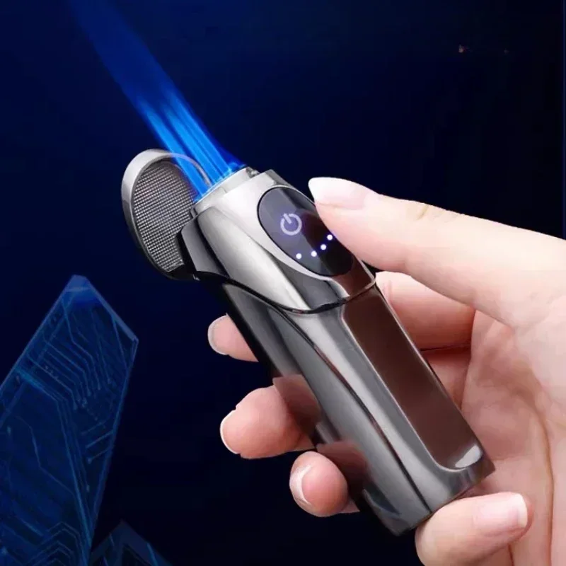 JOBON-luxury Rechargeable Gas Hybrid Lighter, Personalized Creative Three Straight Blue Flame, Touch Cigar Lighter