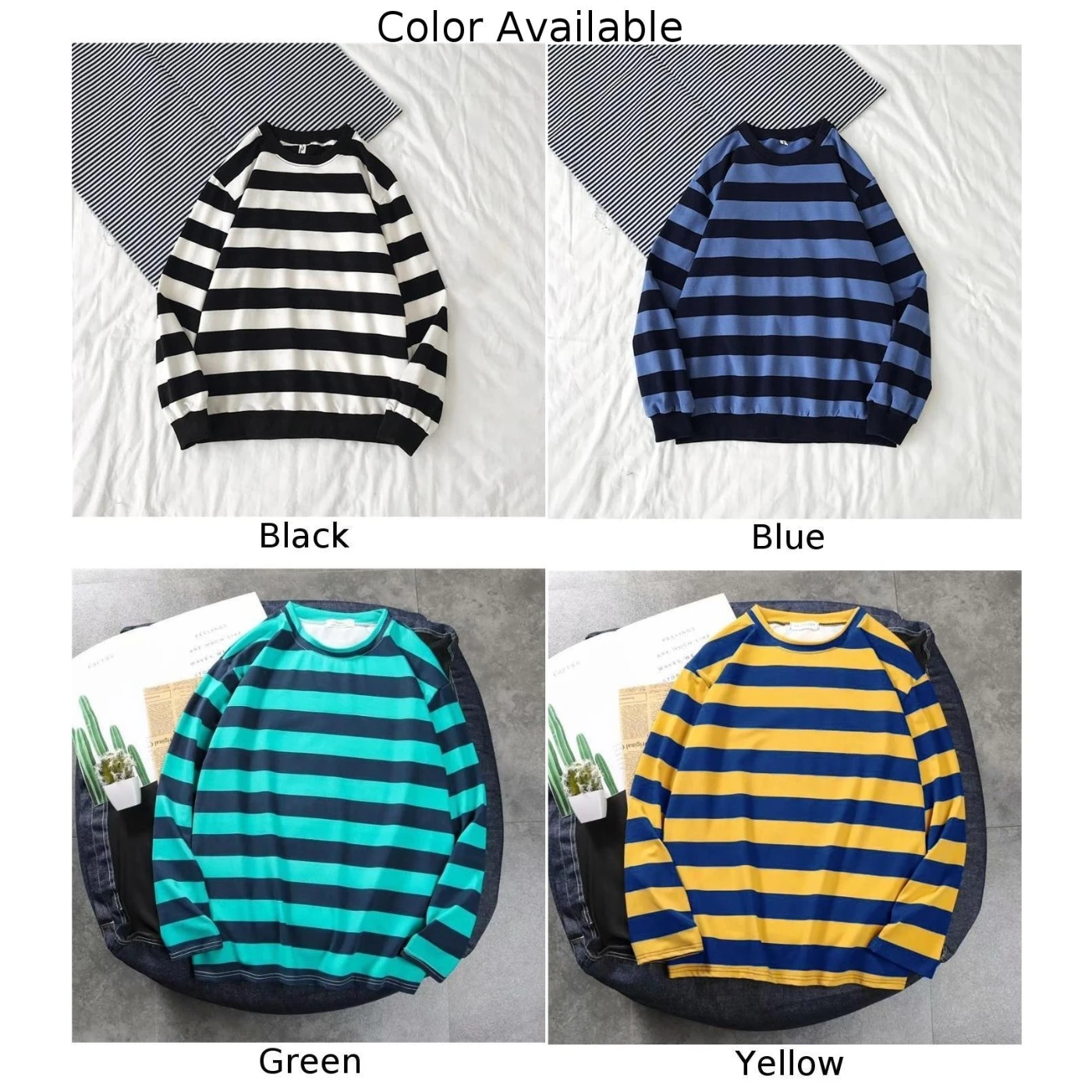 Stylish Yellow/Green/Black/Blue Men\\\'s Striped Long Sleeve Tee Shirt Vintage Motorcycle with Casual Baggy Design