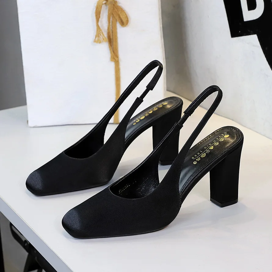 

Модная обувь для вечеринок, французские женские туфли на высоком каблуке с квадратной головкой, грубый каблук, задний ремешок, одинарные туфли с закрытым носком и неглубоким носком для женщин