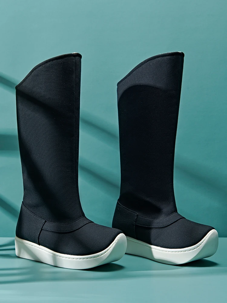 Fulujiacos Botas Hanfu de lona com sola grossa, botas de fantasia antigas com aumento de altura masculina, sapatos de pernas longas