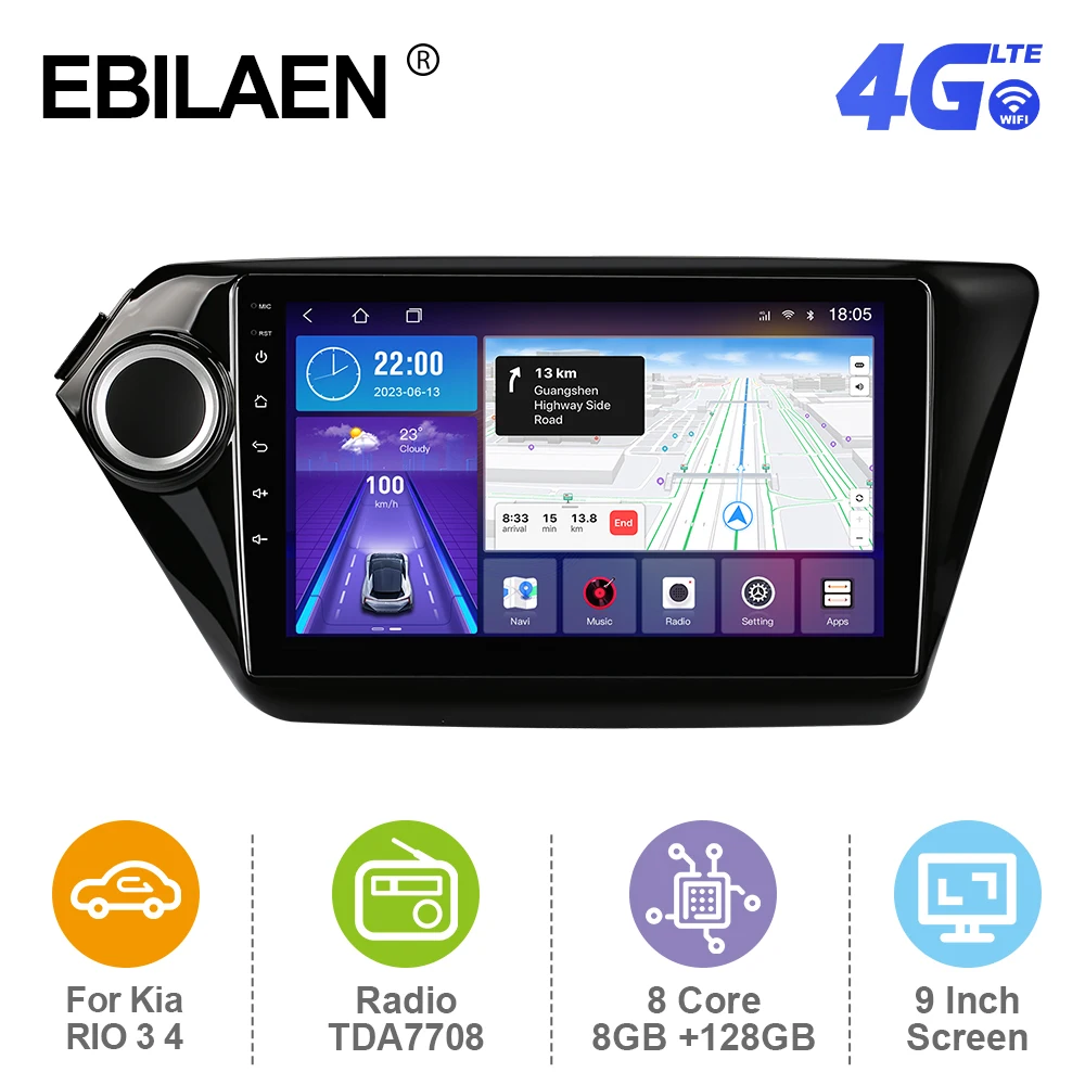 

EBILAEN Car Radio For KIA RIO 3 2010-2016 Android 12.0 Multimedia GPS Navigation Autoradio Wireless Carplay 6G128G RDS Camera 4G