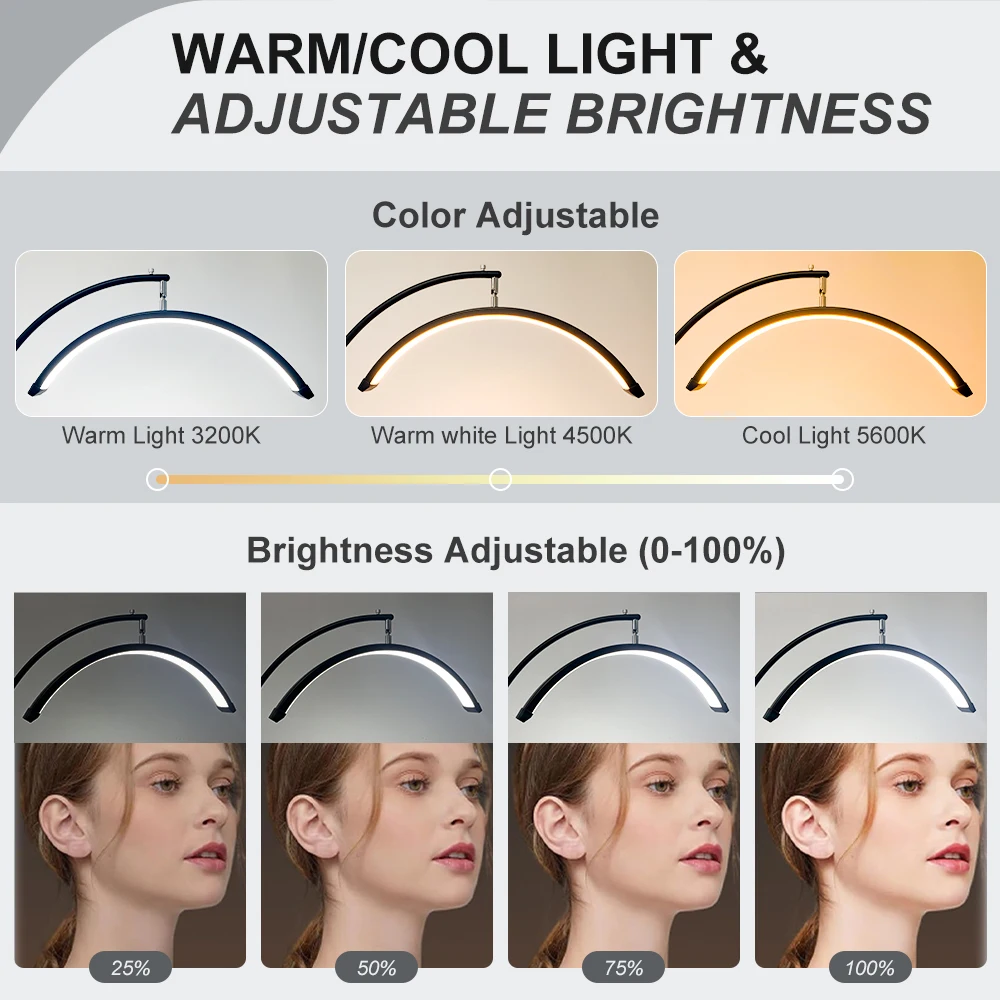 23" 36 W dimmbare Wimpernlampe, drehbares Halbmondlicht, Lash Tech, verstellbares LED-Wimpernlicht, Kosmetikerinnenlicht mit Telefonhalter – Detail 7