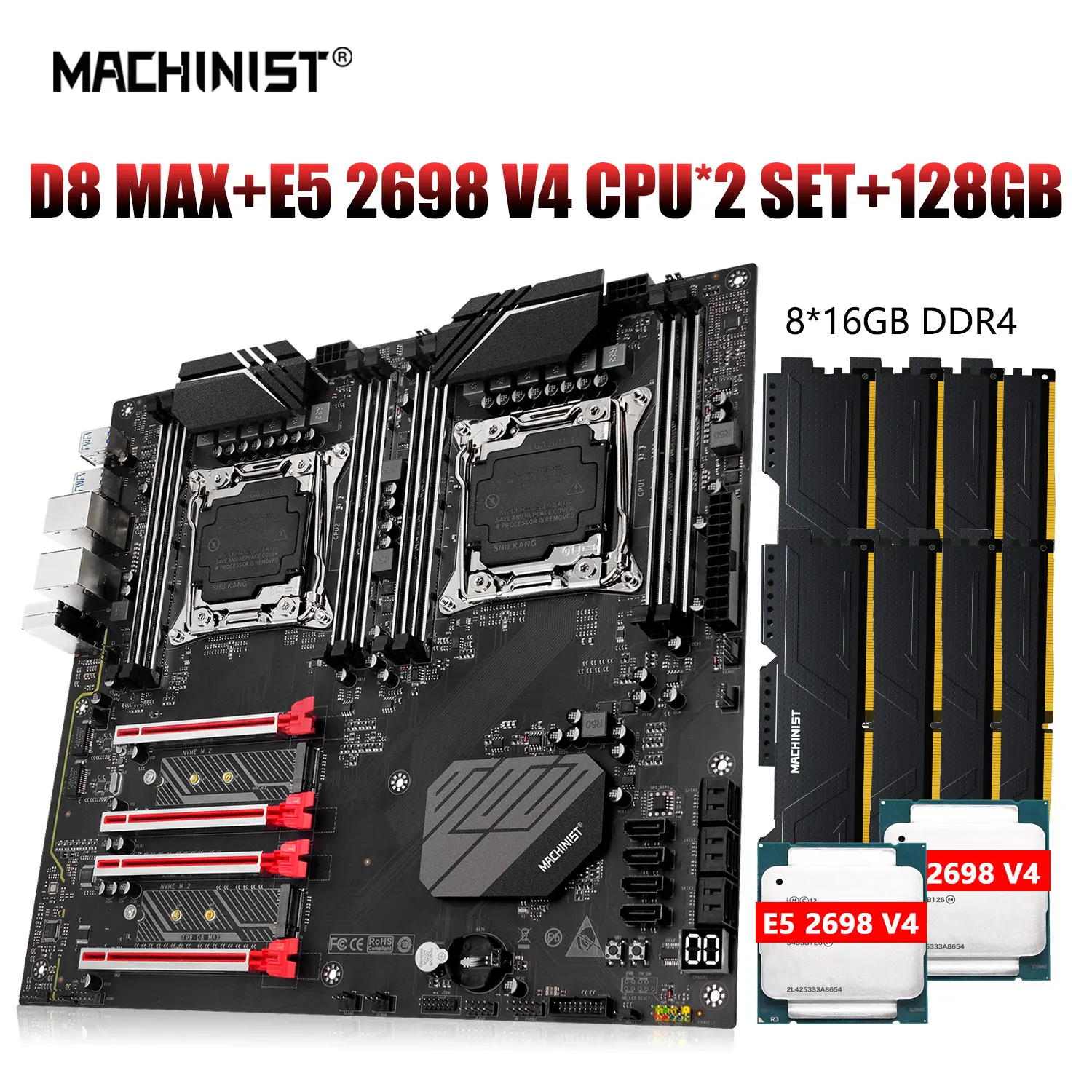 

MACHINIST X99 Xeon Kit Motherboard Set LGA 2011-3 E5 2698 v4 Dual CPU Processor ECC DDR4 8*16GB Memory E-ATX M.2 NVME ssd D8 MAX