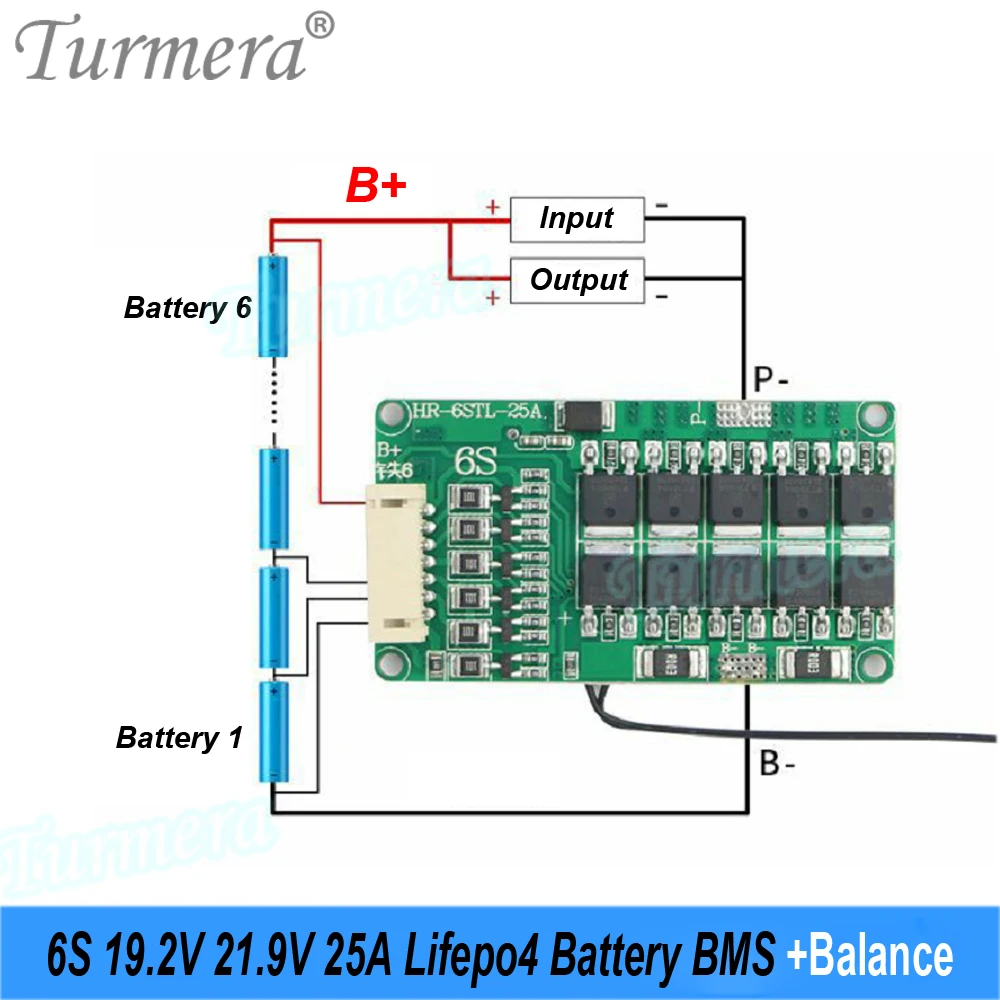 Turmera 6S 25A Balance BMS 19.2V 21.9V Lifepo4 Battery Protected Board with PTC Use in 18650 26650 32700 33140 Lifepo4 Batteries