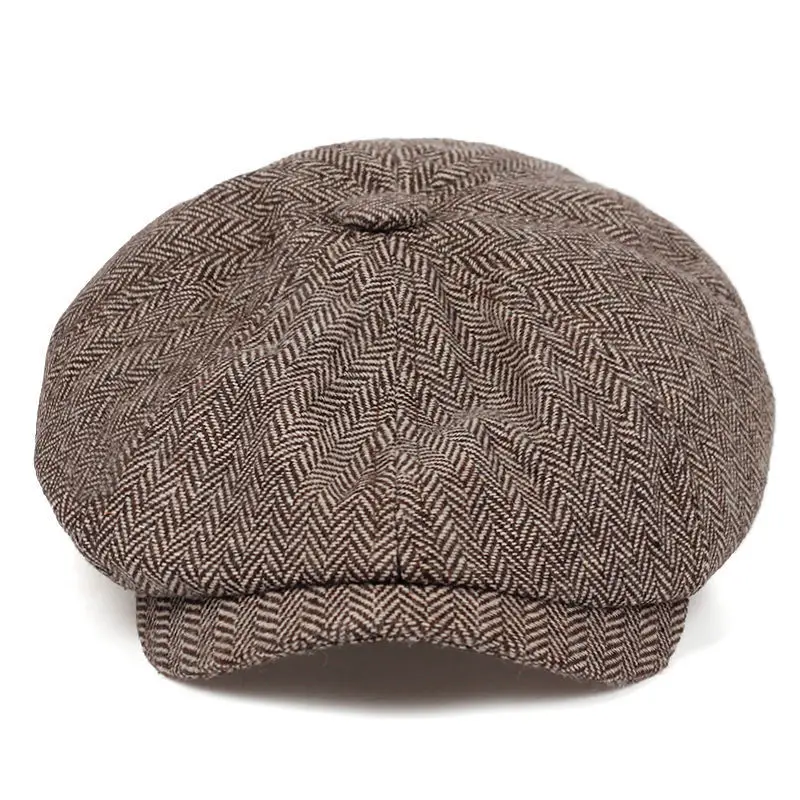 Newsboy Cap Flat Top Herringbone Tweed Wool Baker Boy Peaky Blinders Berets Flat Peaked Cap Adjustable Taxi Driver Hat