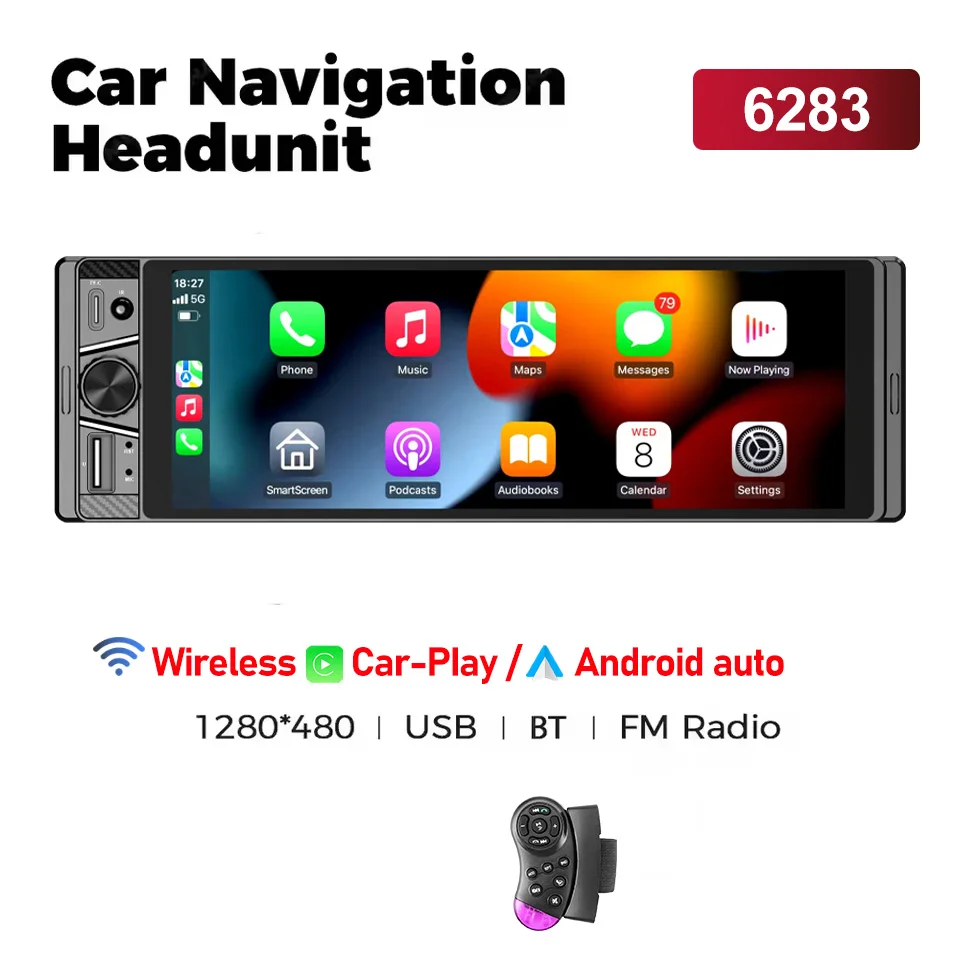 6.86 ''1Din Autoradio Multimediaspeler MP5 MP3 FM-radio Draadloos/bekabeld Carplay Android Auto Stereo 1 din USB Type-c opladen
