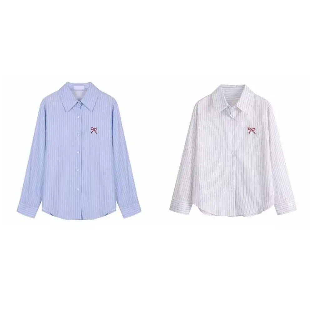 Y2K مخطط زر حتى القمصان التطريز Bowknot نمط Preppy بلوزة مخططة المرأة فضفاضة ربيع الخريف طويلة الأكمام بلوزة الإناث
