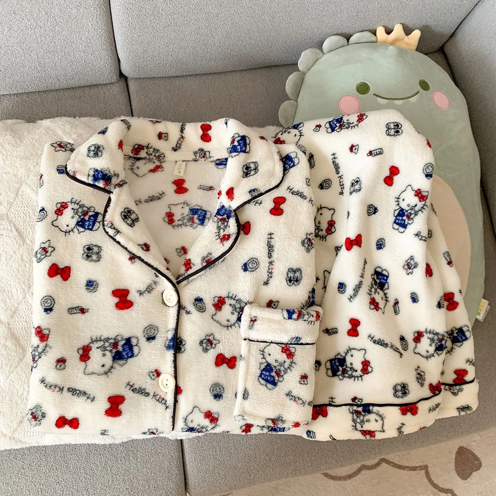 

Sanrio Hello Kitty Flannel Women's Pajamas Set Cuteore Cartoon Winter Warm Sleepwear Long Sleeve Pant Nightwear Home Clothes New