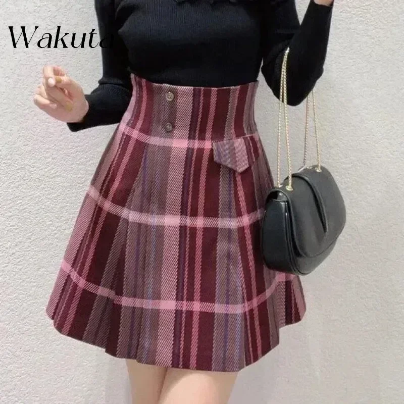 WAKUTA Plaid Women Faldas High Waist Pleated Skirts Japan Shorts Skirt Autumn Sweet Ropa Mujer A-line Falda Y2K Clothes 니트 스커트