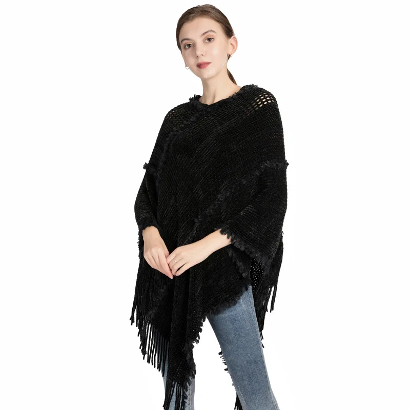 

6 Color Women Striped Triangle Long Pullover O Neck Loose Sweater Autumn Outer Street Knitted Tassel Hollow Out Poncho Knitwear