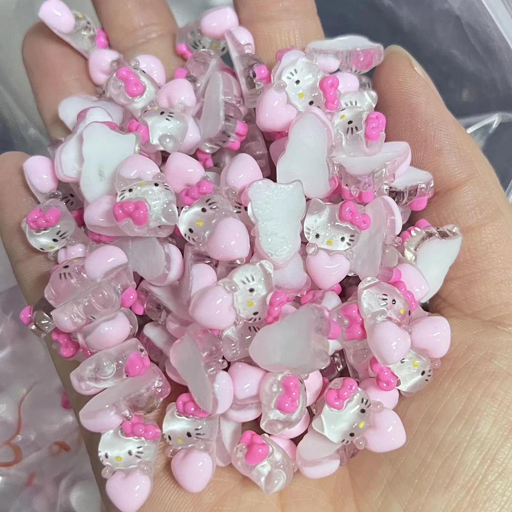 100pcs Cute Ice Cream Hello Kitty Nail Art Parts 3D Pink, Blue, Purple Heart HelloKitty Nail Charms DIY(14.32*9.72mm) Nail Decor