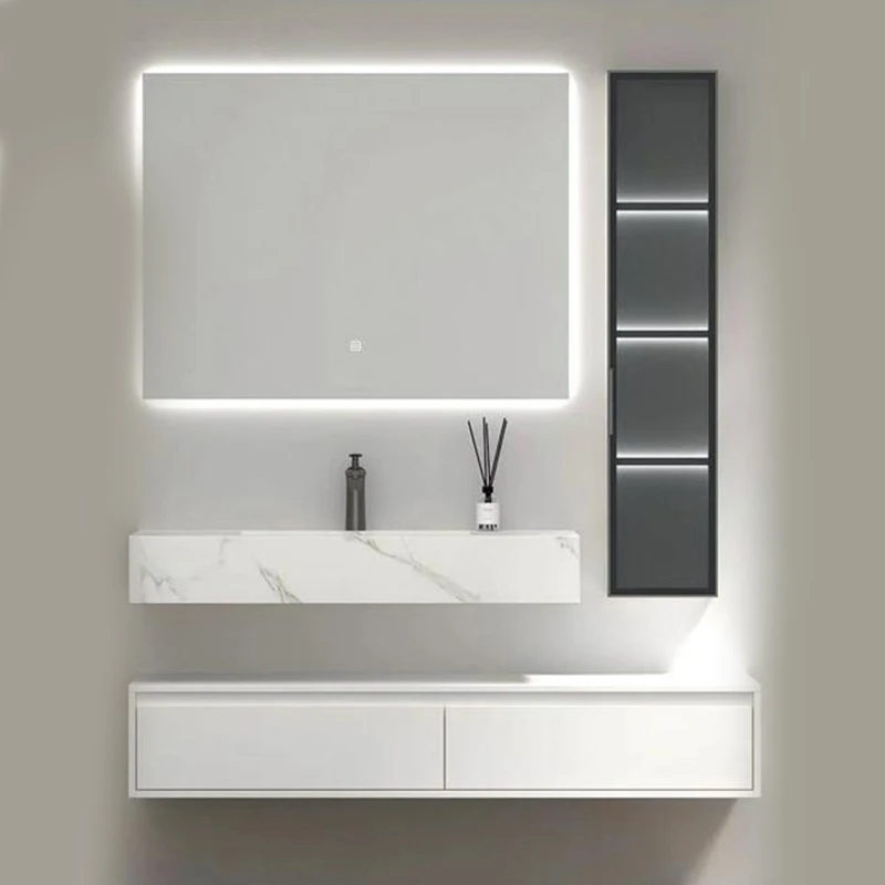 

Luxury Modern Hotel Bathroom Vanity Customizable Solid Wood Rock Panel With Smart Mirror Black Color Combination Bathroom Vanity