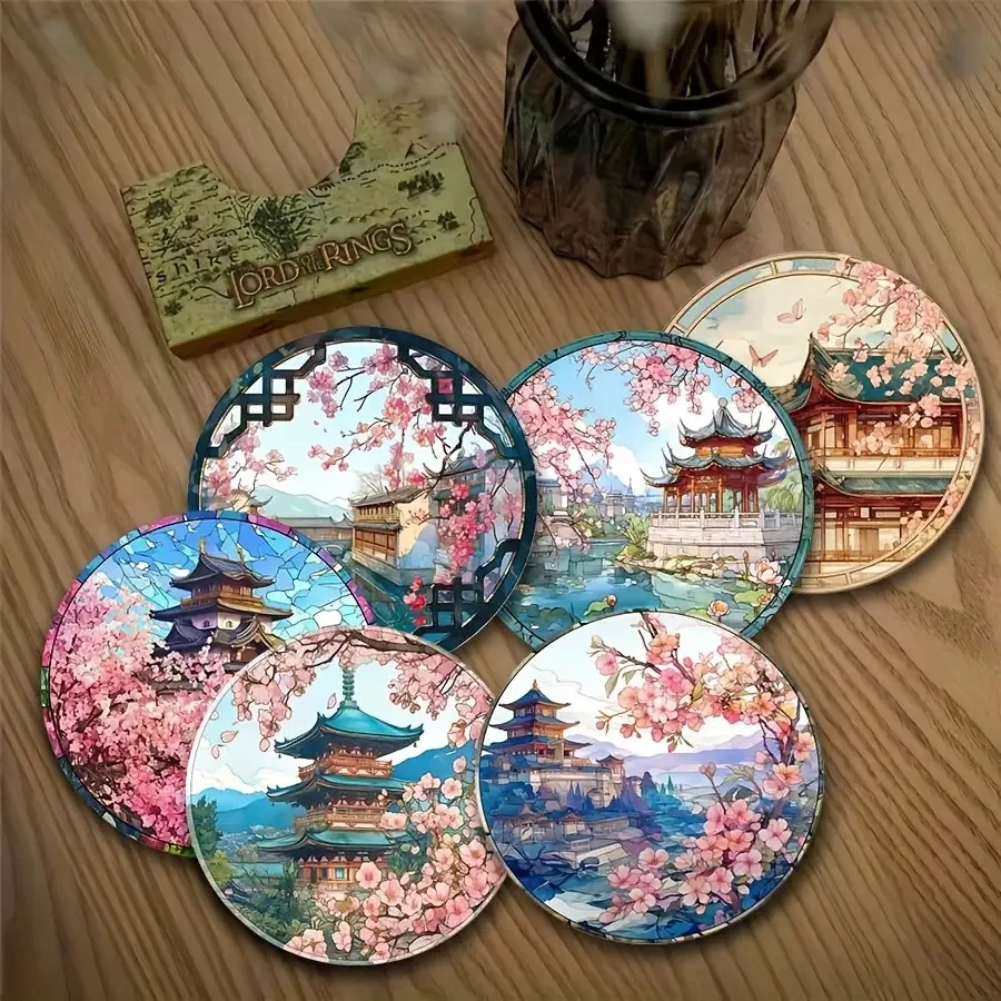 Japanese Cherry Blossom & Scenic Landmark 2D Wooden Coasters Set for Tea Coffee Beverages Home Decor Housewarming Gift