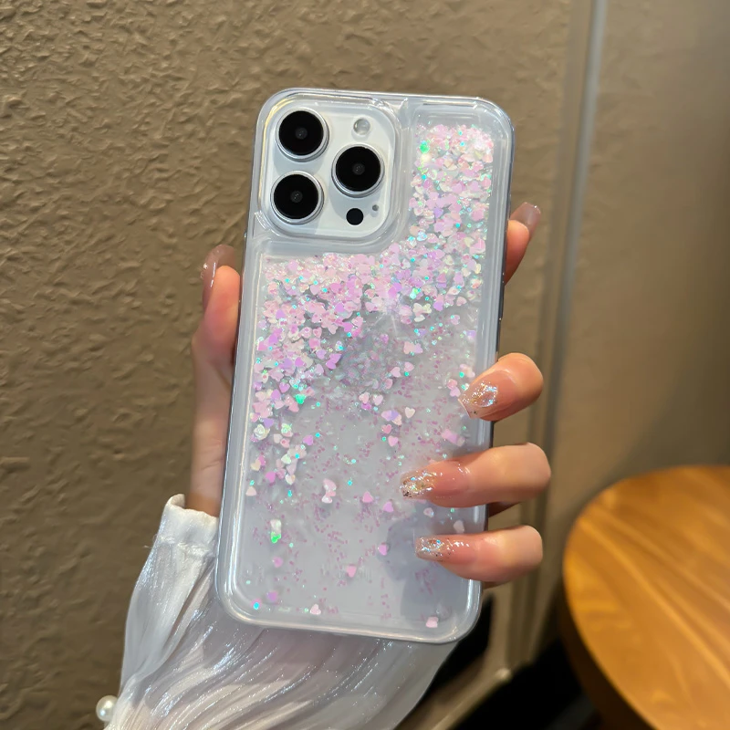 Liquid Flowing Glitter Quicksand Case Cover for iPhone 15 14 16 Pro Max Shiny Sparkles Sand Shell Soft Silicone Clear Funda Hull