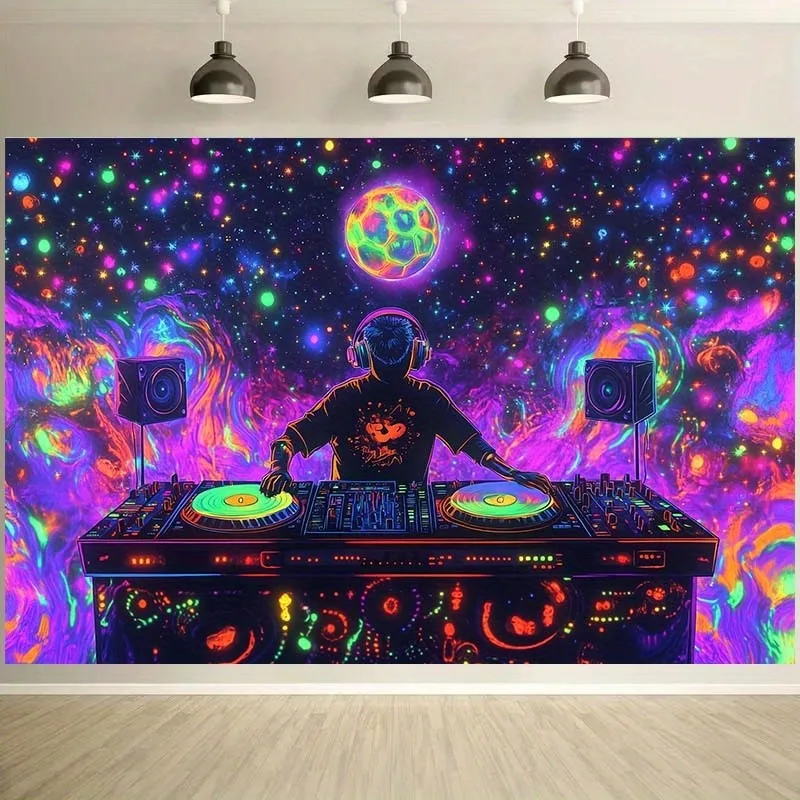 DJ in Cosmic Neon Tapestry,UV tapestry wall hanging bedroom home party decoration