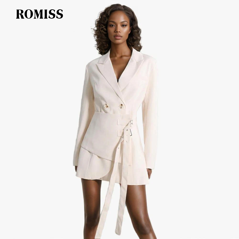 ROMISS Solid Patchwork Belt Tunic Blazers For Women Notched Collar Long Sleeve Minimalsit Slimming Blazer Female Fashion Style