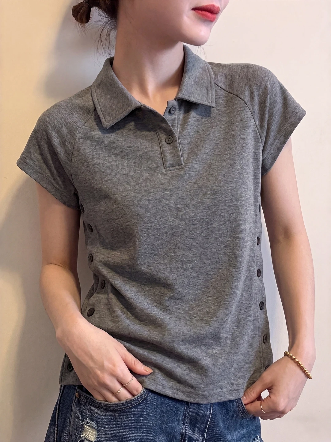Simple Style Women's  Collar Cotton Short Sleeve T-Shirt Summer Large Size Unique Personality Youthful Top Korean Version