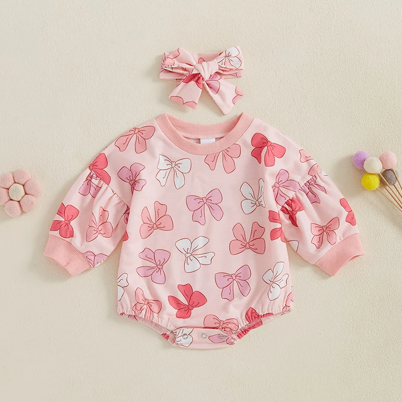 Combinaisons imprimées à manches longues pour bébés filles, sweat-shirt d'automne, barboteuse avec nœud, bande de sauna mignonne, ensemble de 2 pièces pour tout-petits et nourrissons