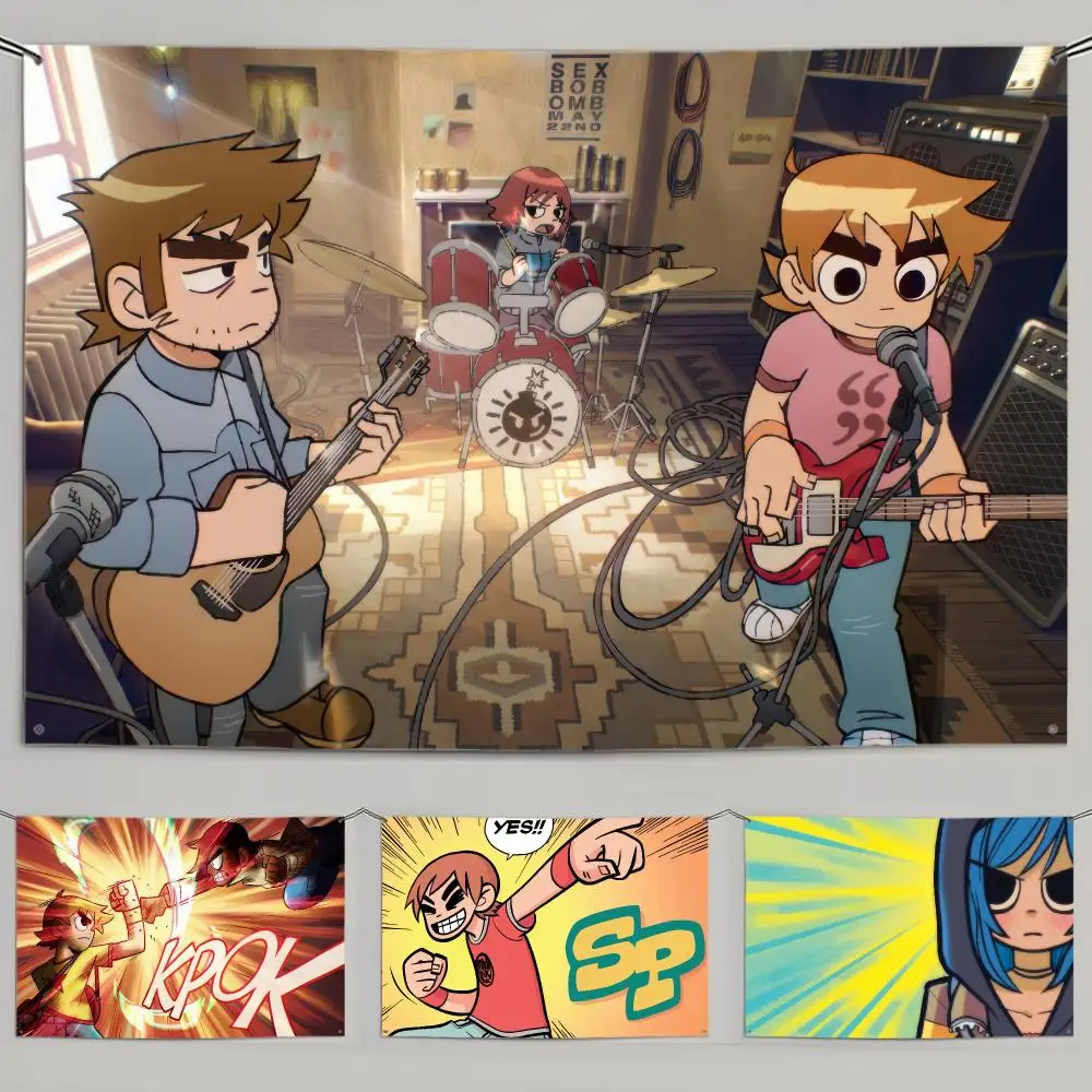 Classic Cartoons S-Scott Pilgrim Tapestry Vintage Wall Hanging Decor Microfiber Fabric Poster Room Art Bedroom Home Gift