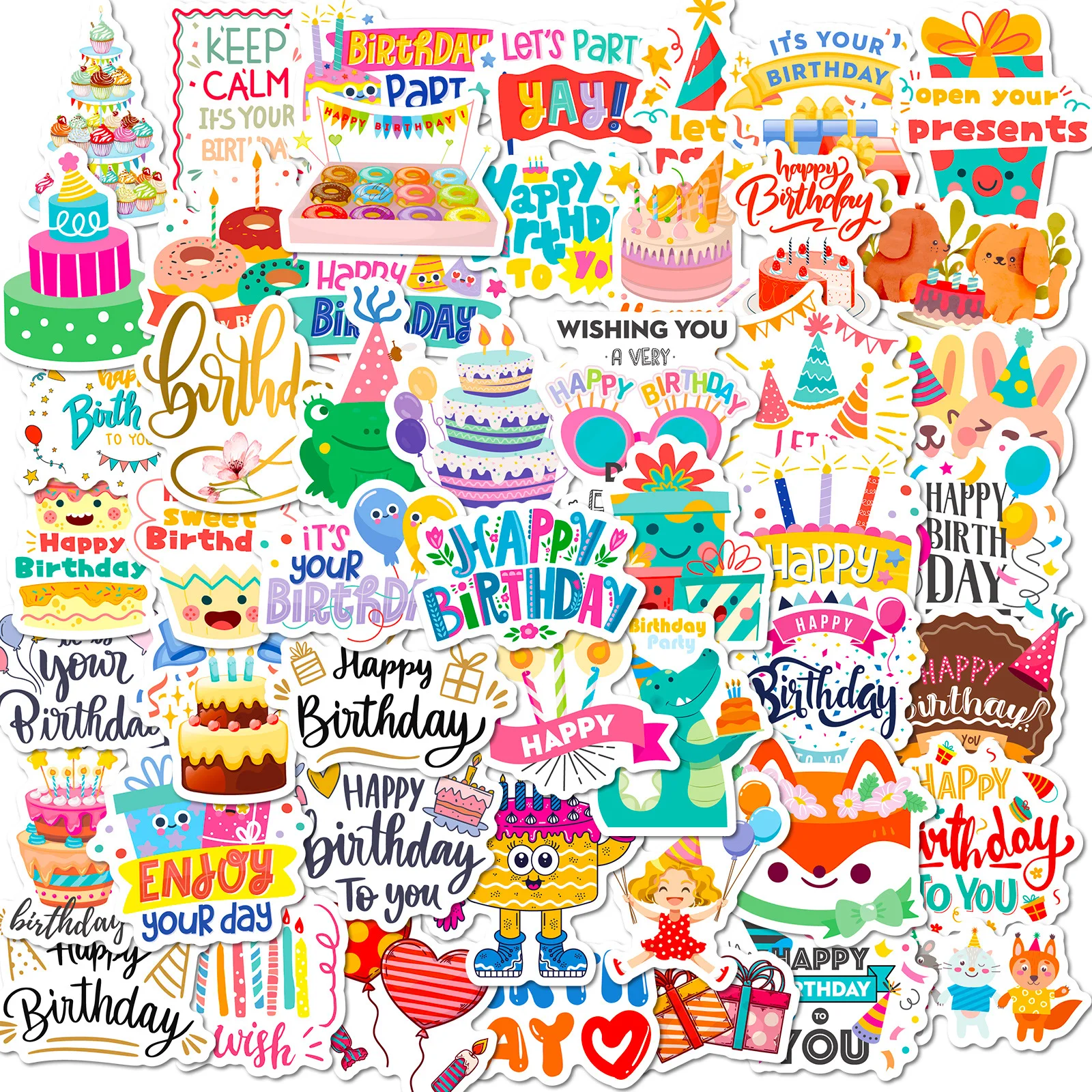 50PCS Happy Birthday Stickers Birthday Party Stickers Candy Cake Stickers Colorful Waterproof Vinyl Stickers Decal