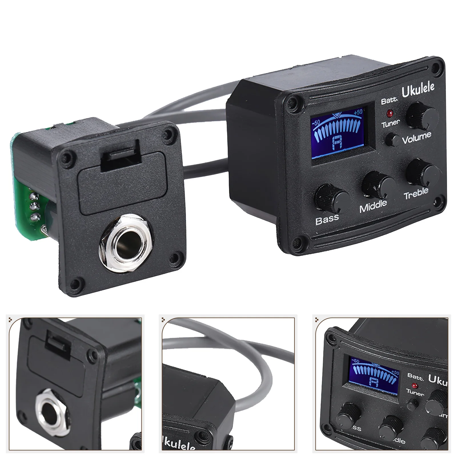 Preamp Eq 3-Band untuk Ukulele dengan Tuner LCD Digital Piezo Pickup Aksesori Gitar Kebisingan Rendah Amplifier Instrumen Pickup Ukelele