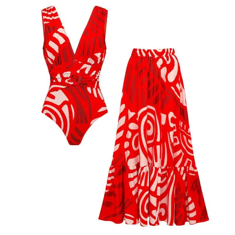 

Flaxmaker Sexy Deep V Neck Summer Swimsuit And Skirt Swimwear Biquini Bodysuit Vintage Red Ring Decorate Printed Beachwear