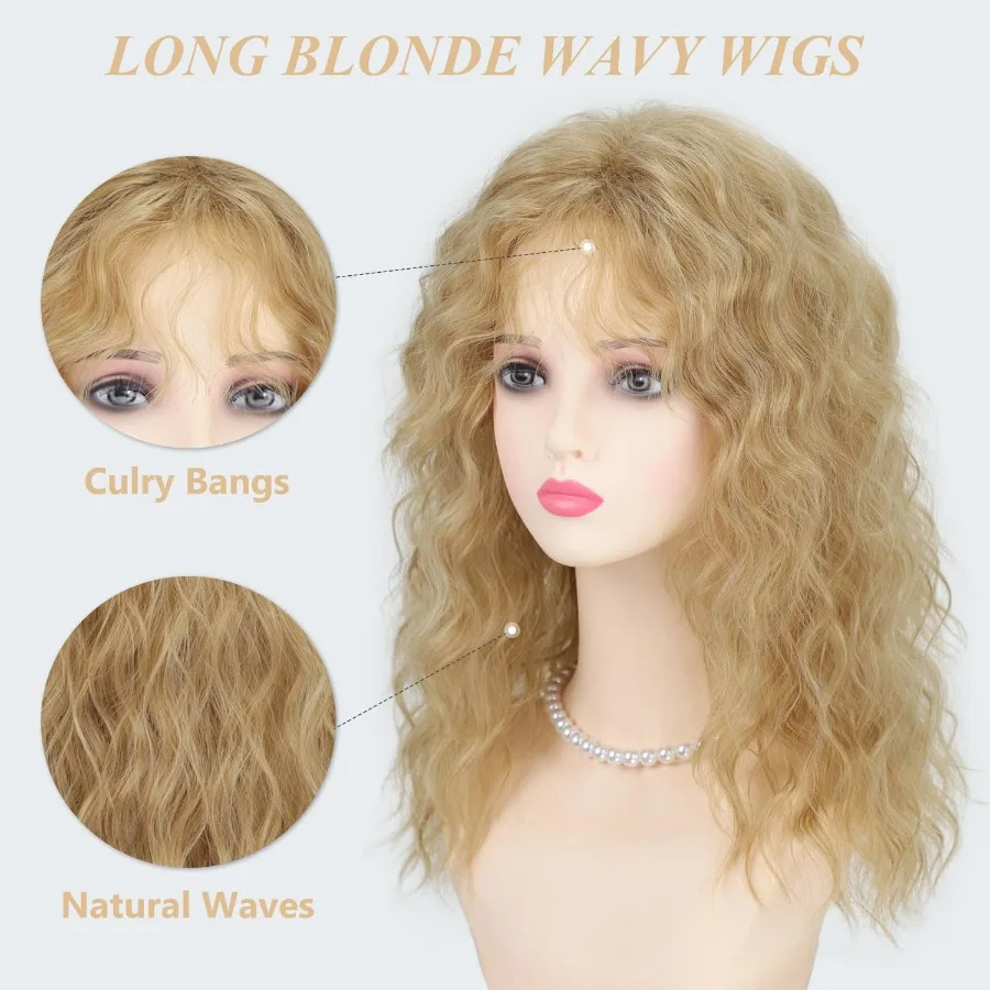 باروكات أشقر طويلة مموجة مع غرة للنساء: باروكات شعر صناعية مجعدة طبيعية متوسطة الطول مثالية لأزياء الهالوين التنكرية