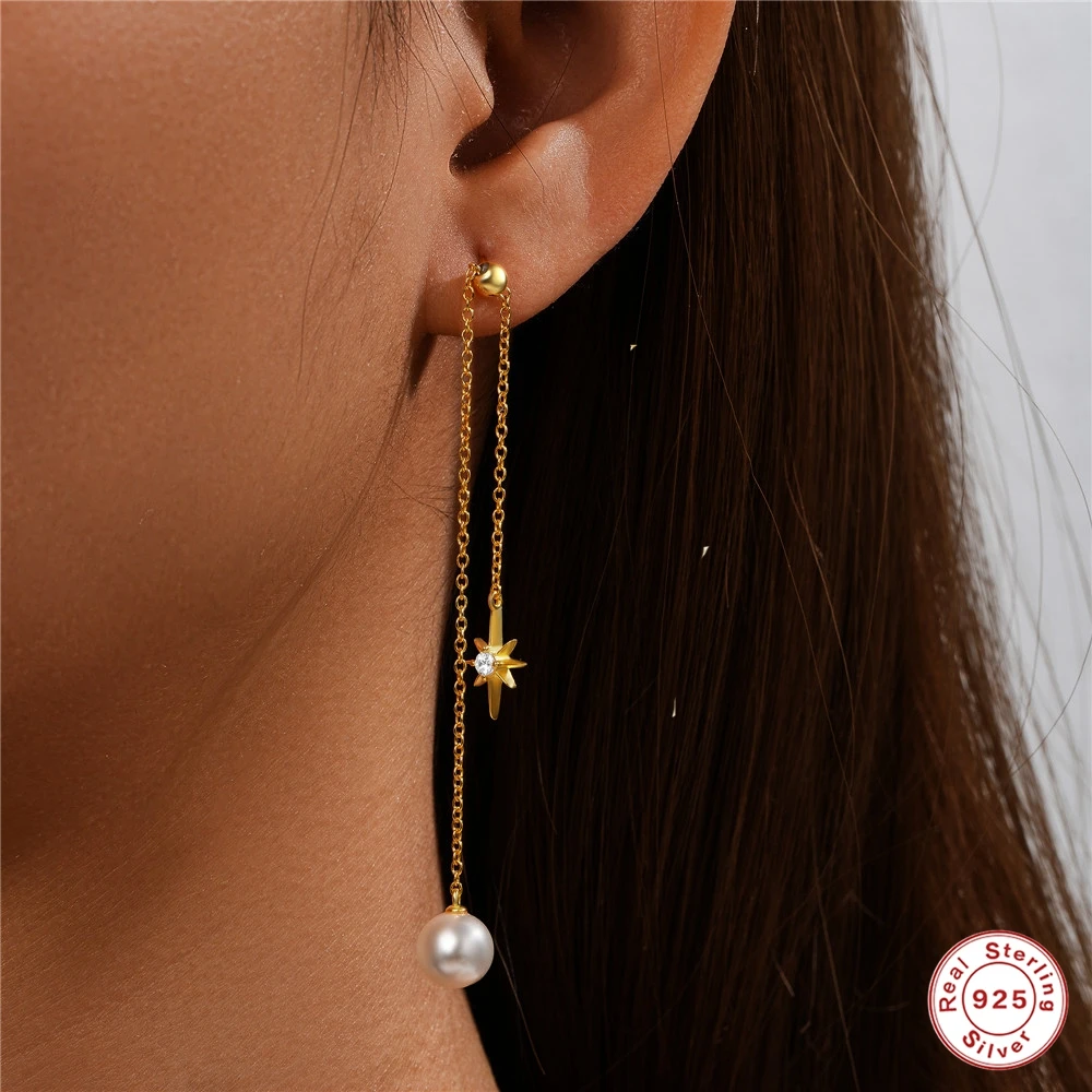 AIDE 925 Sterling Silver Star Studded Crystal Pearl Stud Earrings For Women Asymmetric Length Tassel Long Chain Earrings Jewelry