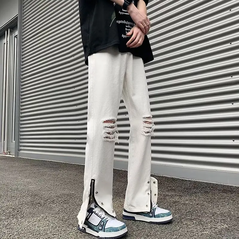 Y2K Techwear Spring New Mens Hole Denim Trousers Fashion Ripped White Jeans Hip Hop Vintage Jean Man Zip Up Casual Jean Homme 바지