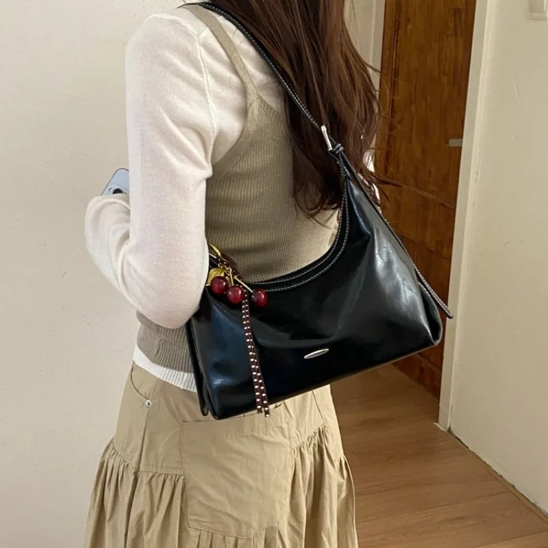 CEEKAY Patent Leather Hobo Bag Cherry Charm Pendant Zipper Top Handle Versatile Everyday Commute Casual Large Capacity Purse