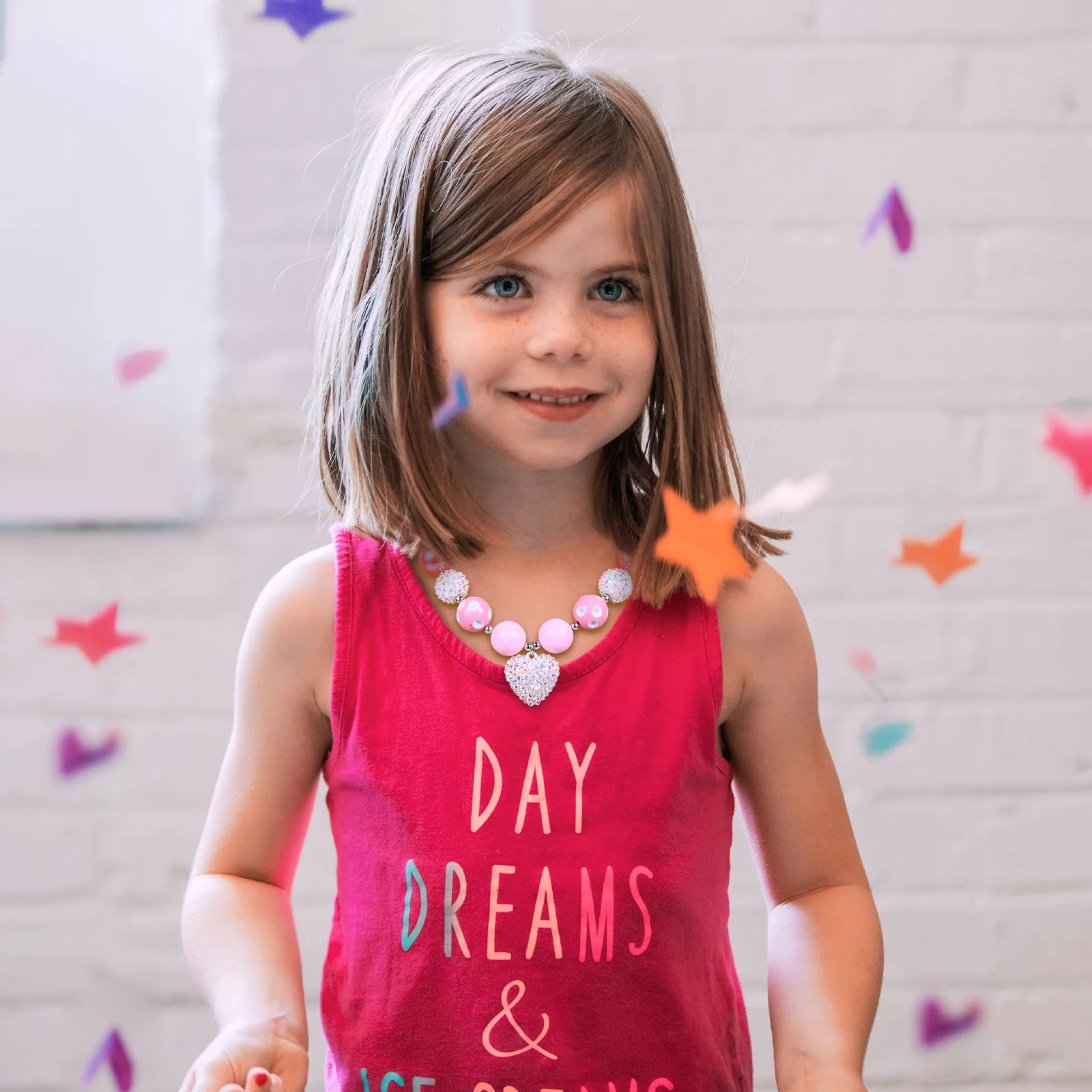 

Colorful String Beads Necklace For Kids Heart Pendant Plastic Beaded Jewelry Diy Accessory Birthday Party Dress Up Photography