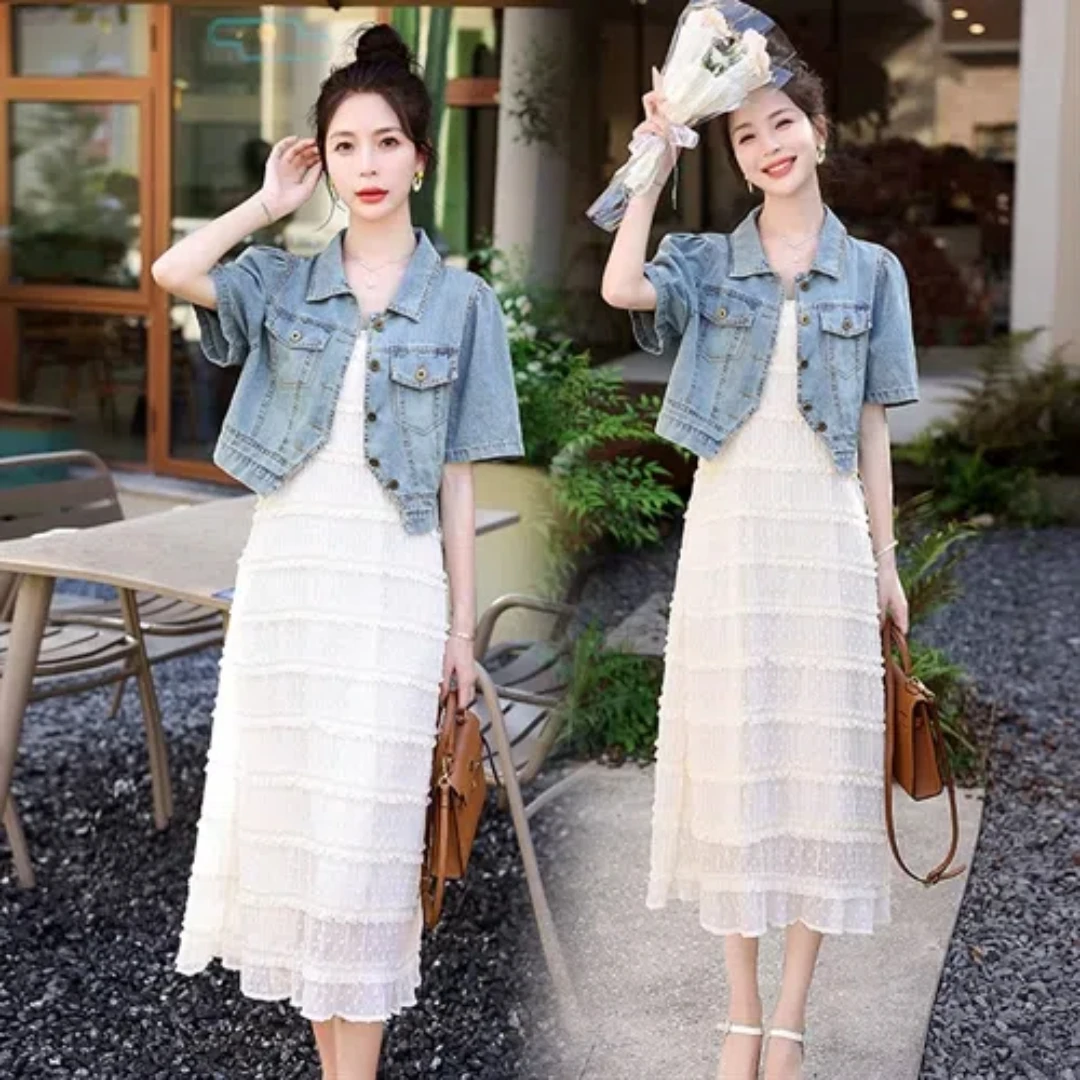 

Women's Denim Jacket Multi Ruffle Tulle Skirt Pleated High Waist Fluffy Fairy Cake Skirt Long Party Dresses Two Piece Set