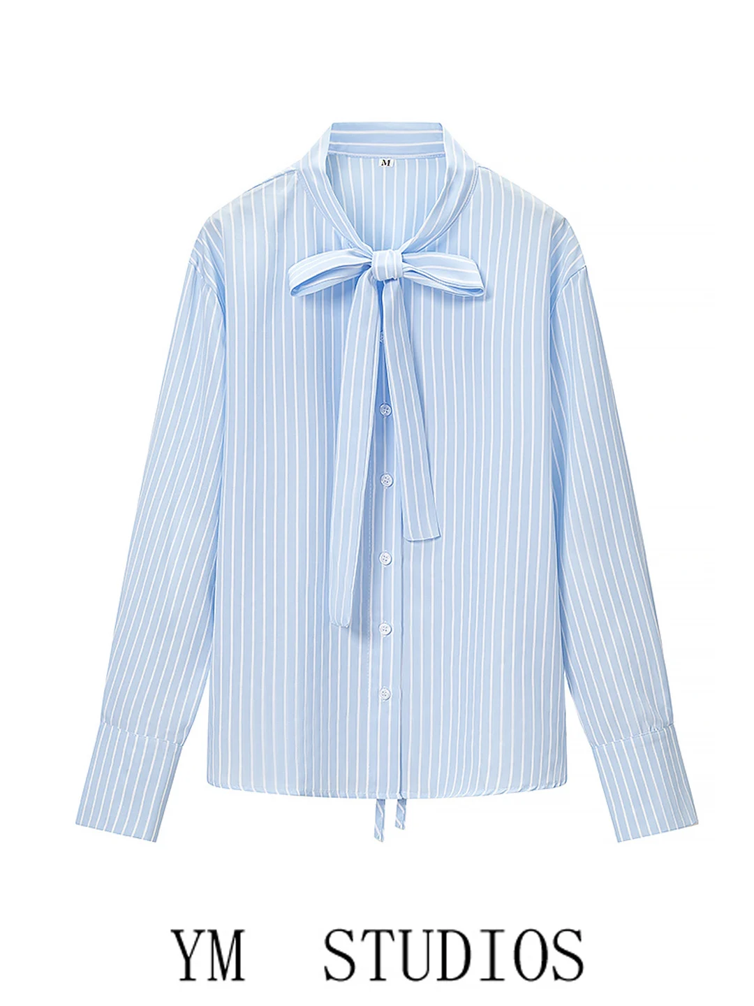 Women's Blue Striped Shirt with Waist-Cinching Bow-Tie Long Sleeve Fashionable Versatile Polyester Fiber Skin-Friendly Breath...