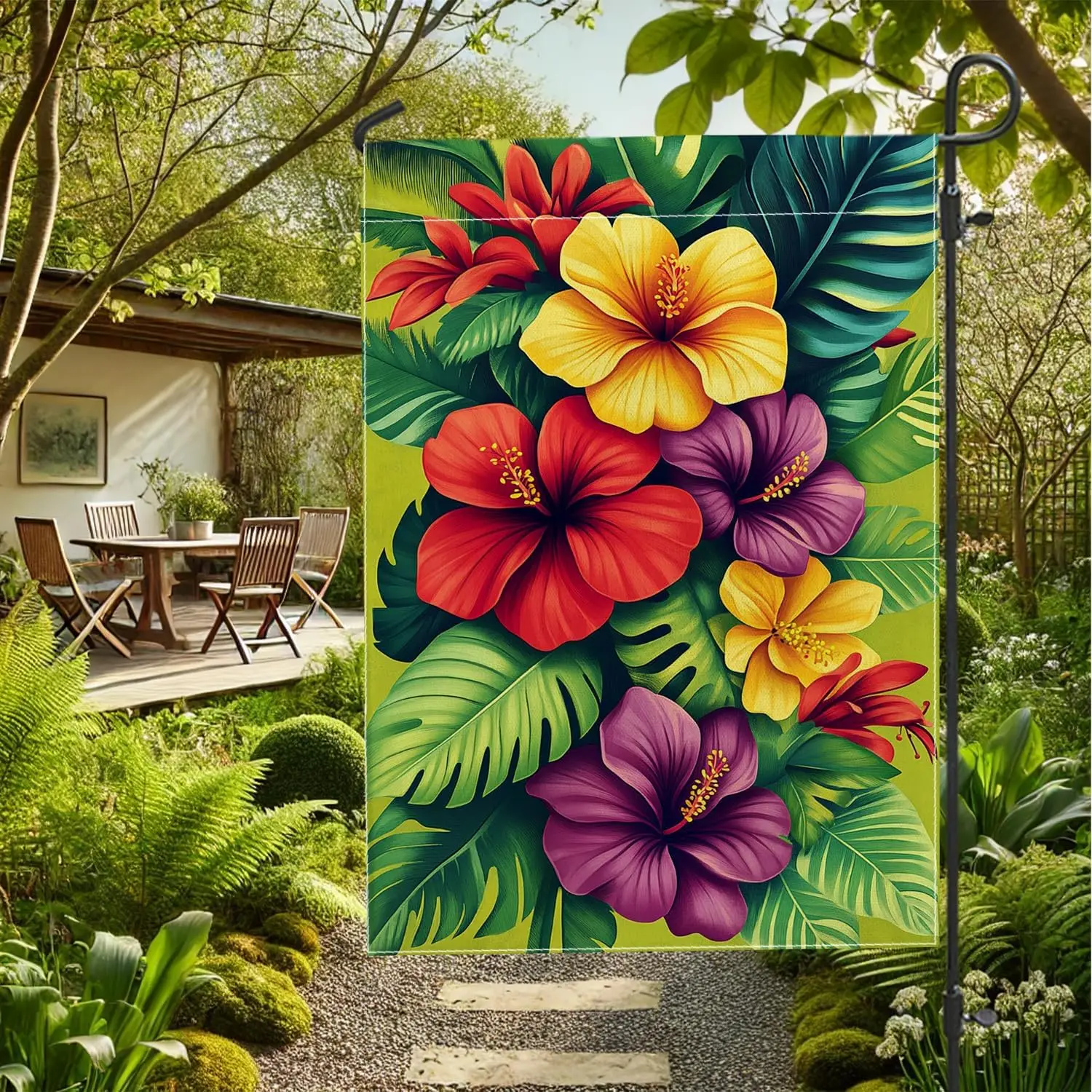 Vibrant Tropical Floral Garden Flag, Colorful Hibiscus Flowers Yard Banner, Double Sided Outdoor Decor for Summer Garden Par KKW