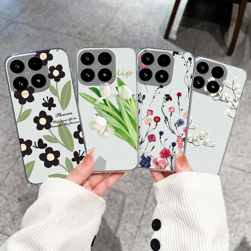 Klare Abdeckung für Xiaomi 17 Pro Hülle, schöne Blumen, Zweigmuster, weiche Rückseite für Xiaomi 17 Pro Max, stoßfeste Stoßstange, Capa