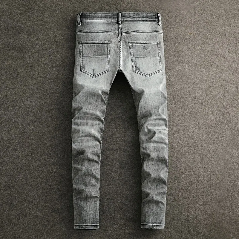 High Street Fashion Men Jeans Retro Gray Stretch Skinny Fit Leather Patched Ripped Jeans Men Brand Designer Hip Hop Denim Pants