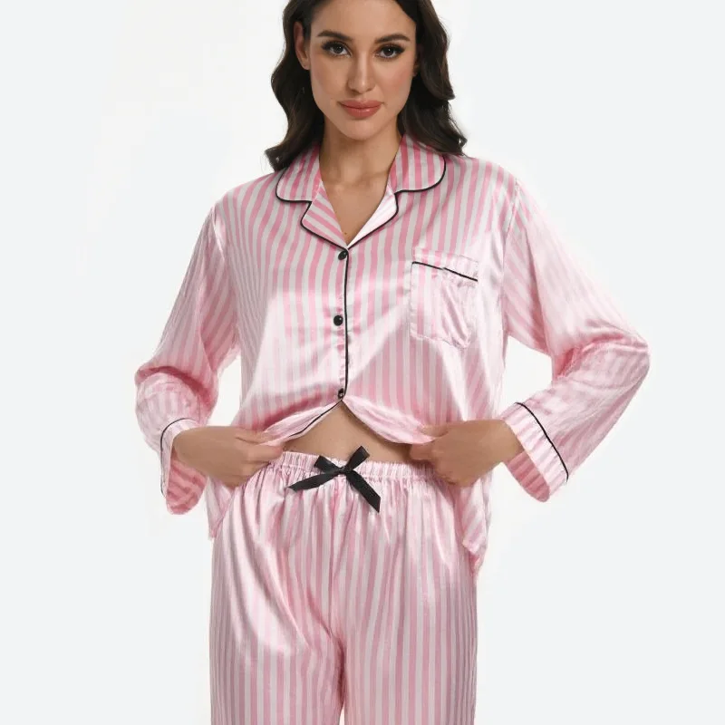 Pink Striped Long Sleeved Pajama Pants Set Fashionable Women's Casual Wear Pajama Set Spring Autumn Female Pajama Home Wear