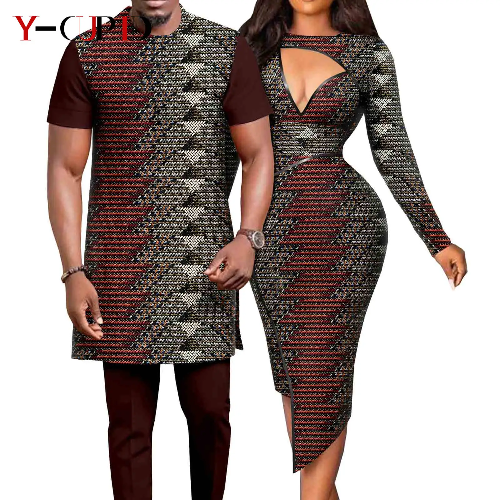 African Matching Outfit for Couples Dashiki Sexy Women Slim Print Dresses Bazin Riche Men Patchwork Top and Pant Sets Y23C043