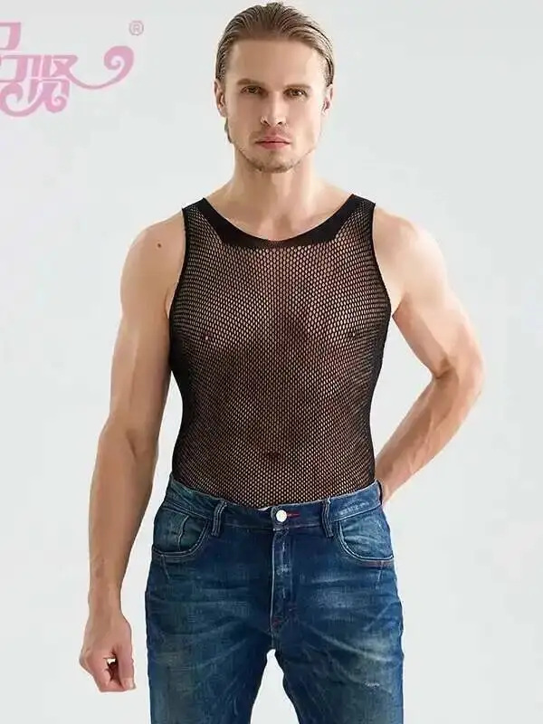 Roupas combinando exóticas sm mulheres corajosas pessoa colete de malha masculina com alças fishnet malha rendas regatas colete sexy topos 5niuw