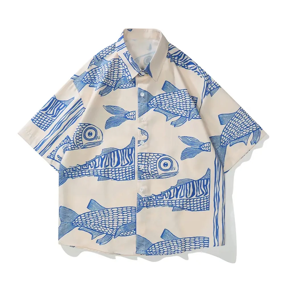 Chemise à manches courtes à motif de poisson rétro pour hommes, chemise à revers, boutonnée, vacances décontractées, imprimé intégral, manches