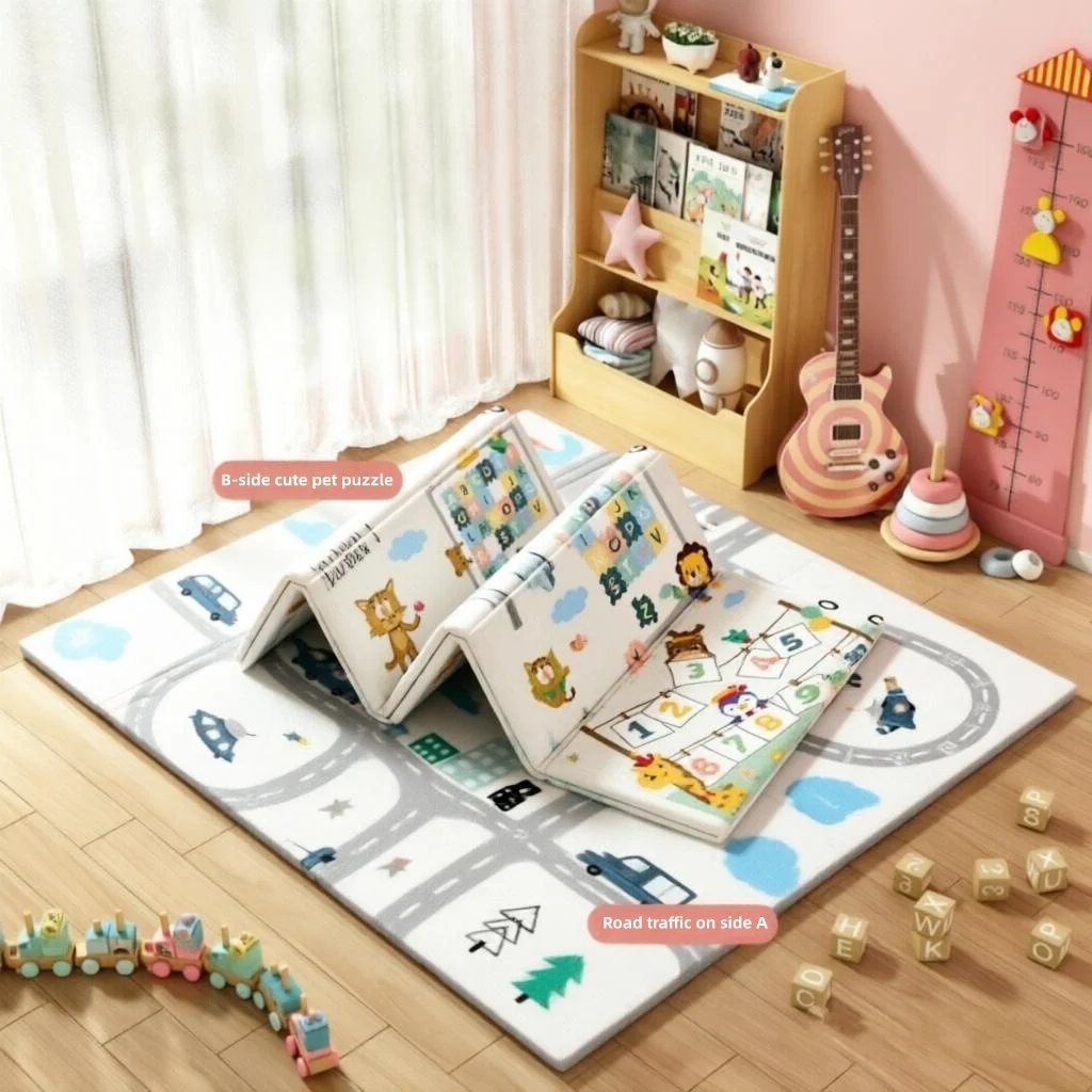 Double-sided XPE material baby crawling mat, foldable, environmentally friendly and soft, with traffic and pet patterns