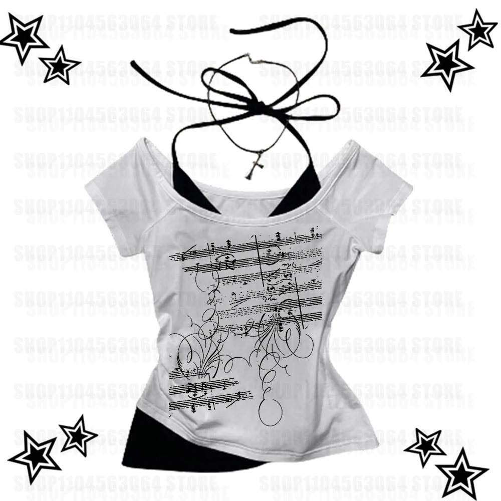 2000s Gothic American retro printed T-shirt Y2k subculture sexy fake two-piece slim fit short sleeved T-shirt Harajuku casual to