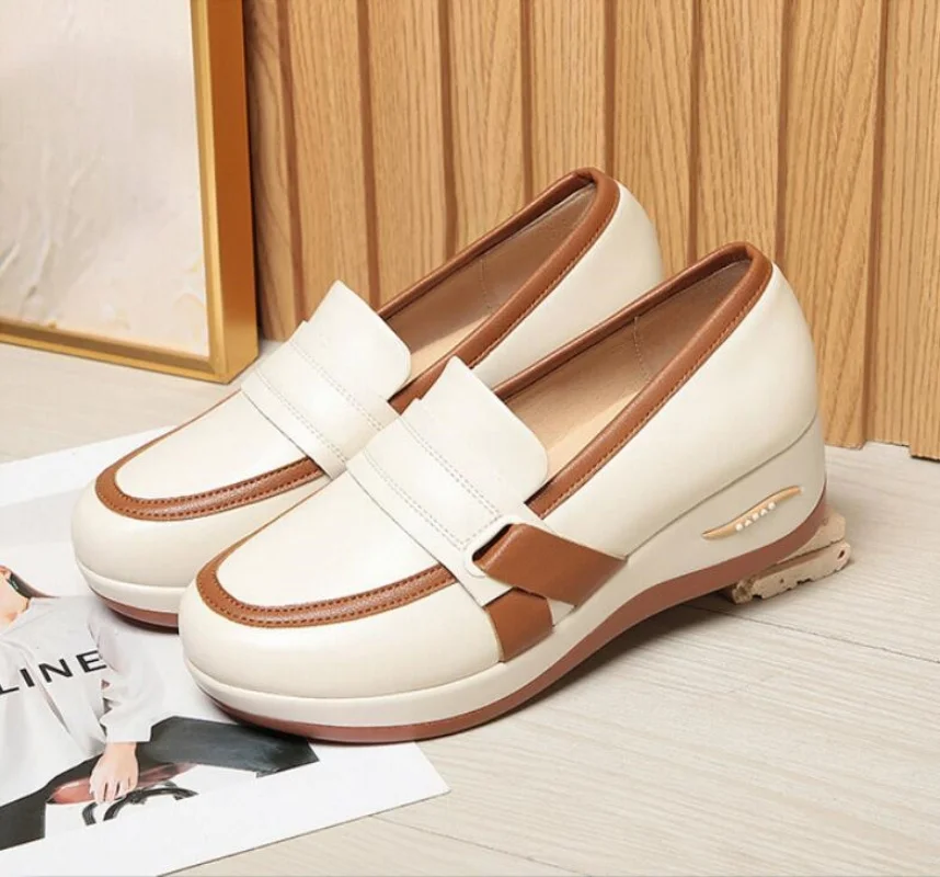 

2026 4.5cm Breathable Comfortable Mix Color Soft Leather Loafers Women's Platform Shoes Fall Med Heels Wedges Shoes Office Mom