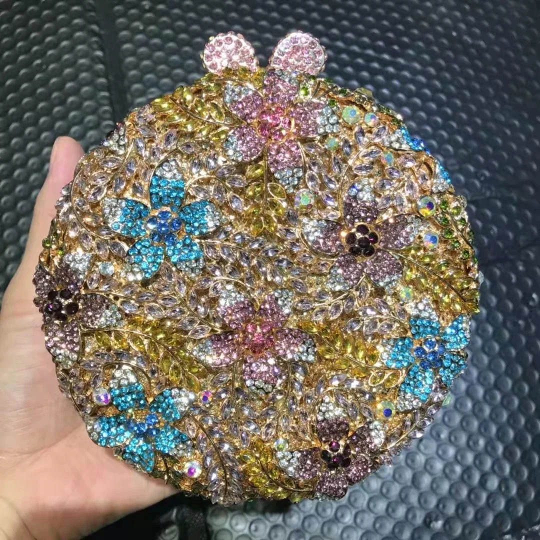 

XIYUAN Gold Purple Flowers Women Crystal Clutches Round Cute Evening Bags Wedding Bridal Rhinestone Handbag Birthday Party Purse