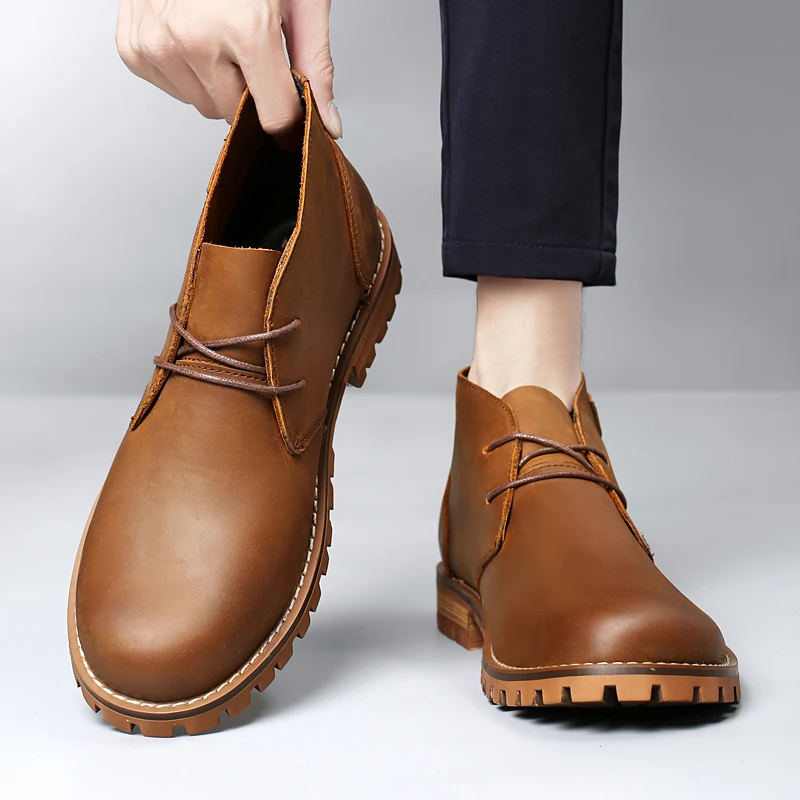 High Quality Men Comfortable Top Layer Cowhide Lace Up Anti Slip Thick Soled Work Boots Fashionable Wear-resistant Outdoor Boots
