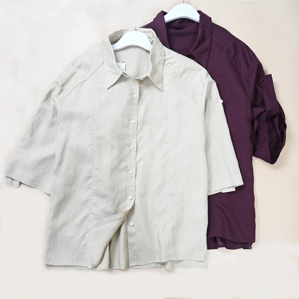 

Summer New Women's Loose Cotton Linen Shirt Turn up Five Sleeve Flip Collar Casual Style Comfortable Breathable Regular Length