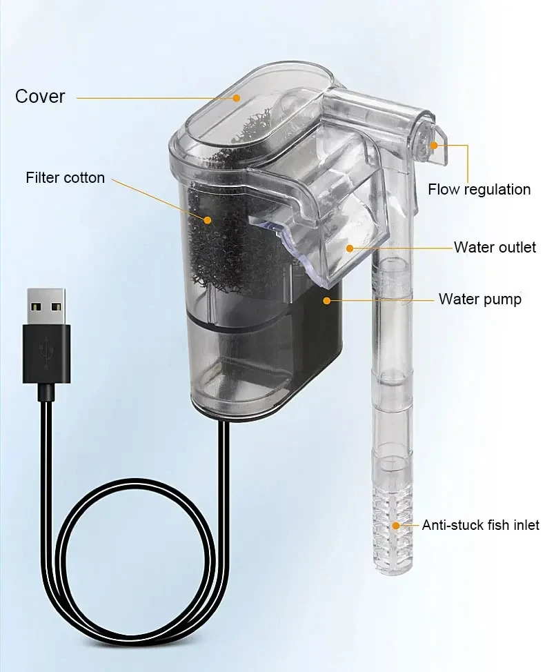 Aquarium New Hanging Filter Mini Filter Fish Tank USB power interface 2.5W Flow 250H/L Suitable for fish tanks below 30cm image 4