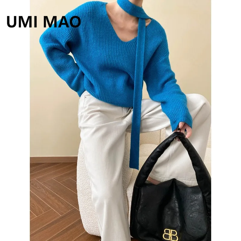 

UMI MAO Tops For Women Autumn New Style Elegant Lazy Style V-neck Ribbon Loose Slimming Knitted Sweater Femme